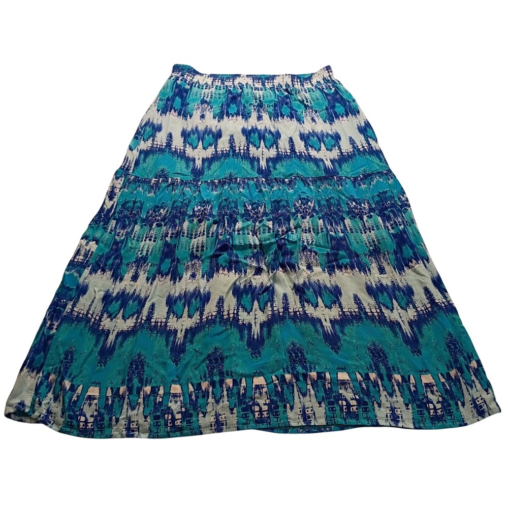 Faded Glory Skirt Women's 1X 16W Tiered Ikat Print Blue Maxi Skirt Boho NWOT